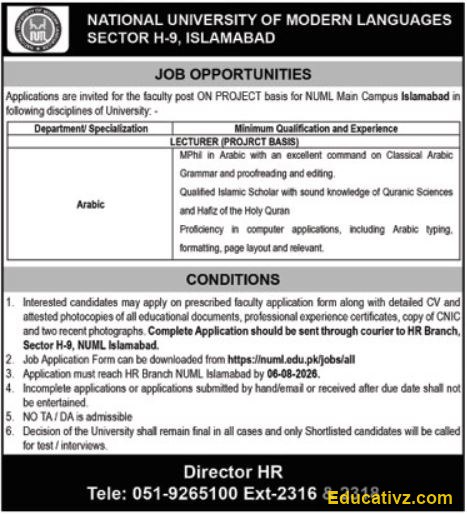 National University of Modern Languages Jobs | Lecturer Project Bas - Official Advertisement