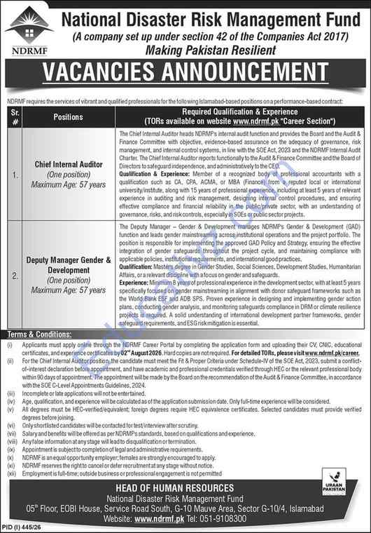 National Disaster Risk Management Fund NDRMF Jobs | deputy manager gender development, chief internal auditor - Official Advertisement