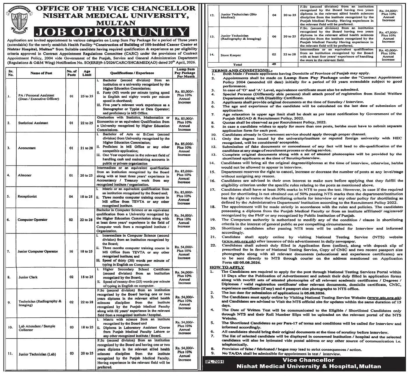 Nishtar Medical University Multan Jobs July 2026 Official Advertisement Nishtar Medical University Multan Jobs July 2026 Official Advertisement for Junior Clerk Computer Operator Accountant Receptionist and Technician Posts