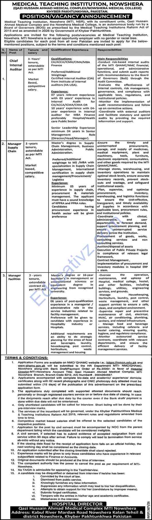 Nowshera Medical College Nowshera Jobs | Chief Internal Auditor, Manager Supply Chain, Manager Facilities - Official Advertisement