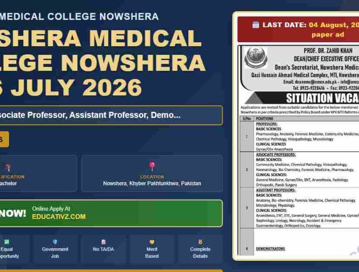 Nowshera Medical College Nowshera jobs July 2026 - Demonstrator position featured banner
