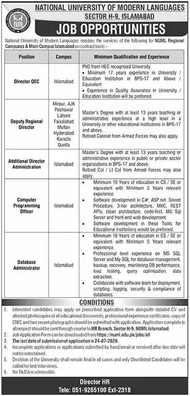 NUML Jobs July 2026 Official Advertisement for Director QEC Deputy Regional Director Computer Programming Officer and Database Administrator