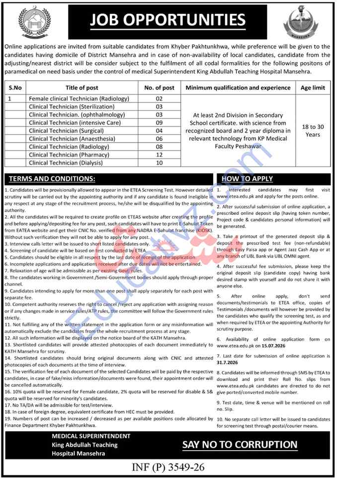 King Abdullah Teaching Hospital Jobs  | Female Clinical Technician, Clinical Technician - Official Advertisement