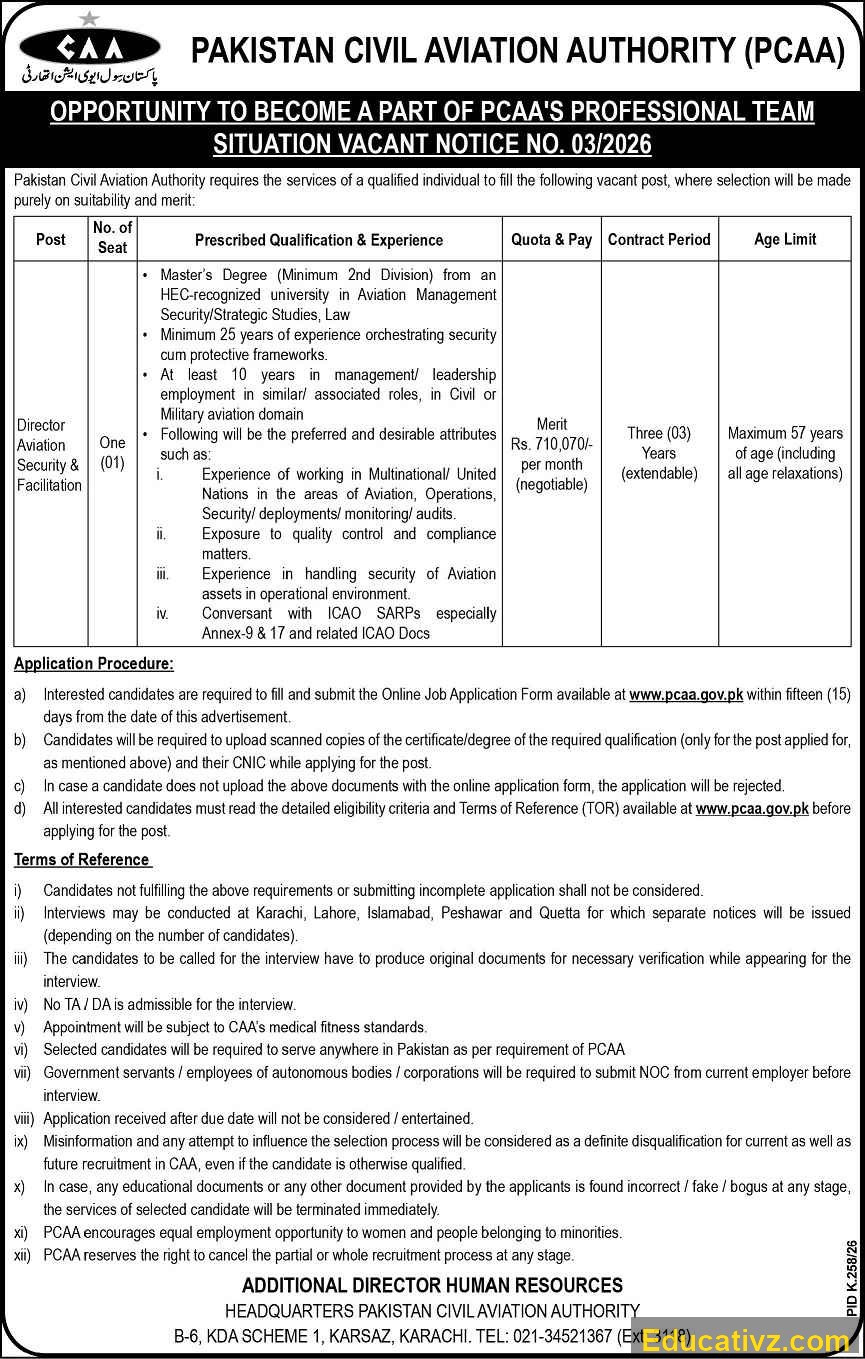 Pakistan Civil Aviation Authority (PCAA) Jobs | Director Aviation Security & Facilitation - Official Advertisement