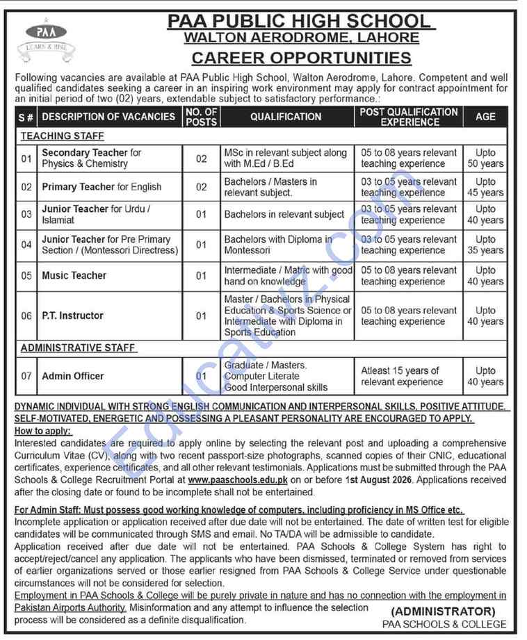Pakistan Airports Authority PAA Jobs July 2026 | Music Teacher, Physics Teacher, Chemistry Teacher & Others - Official Advertisement