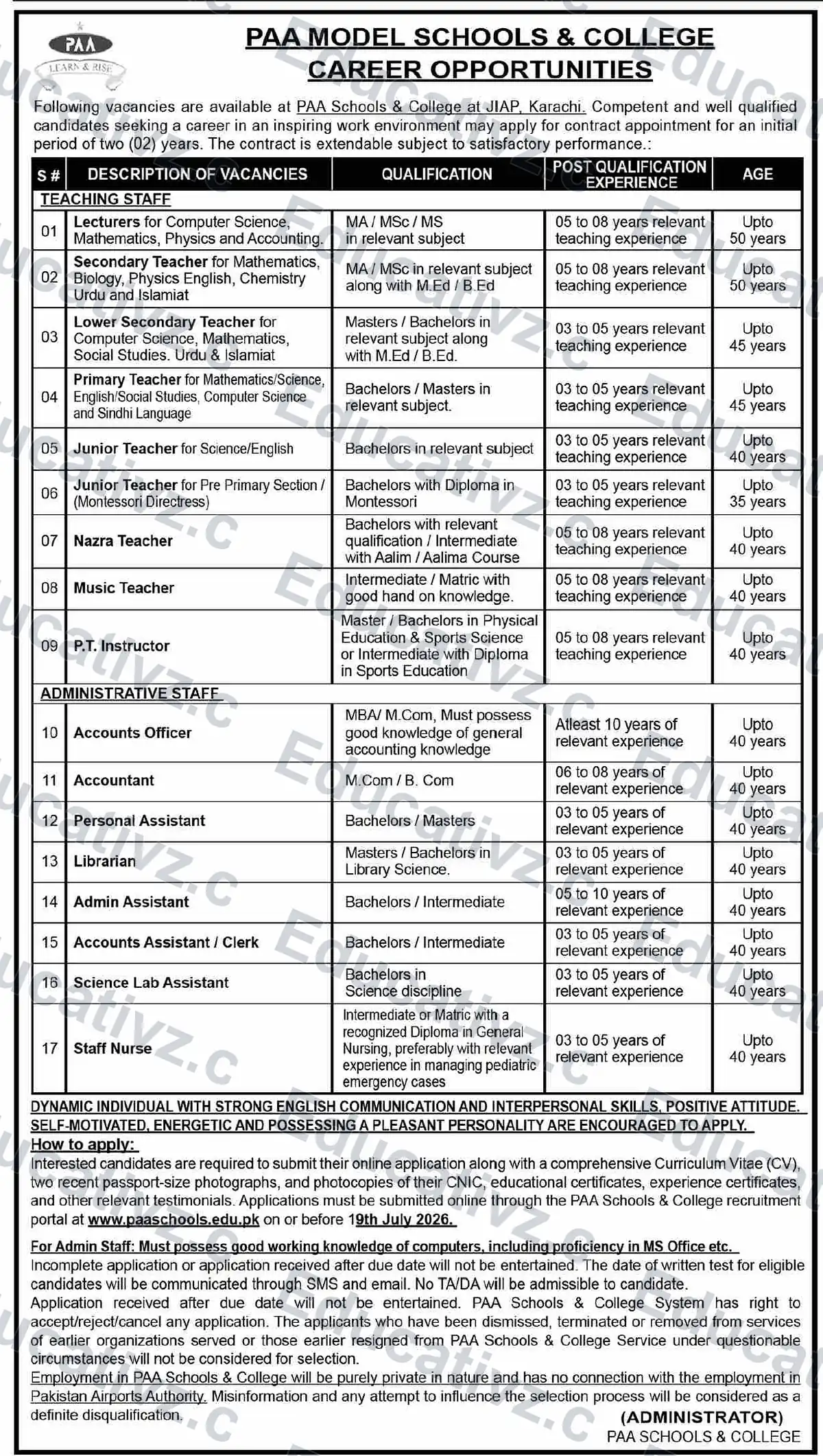 PAA Model Schools and College JIAP Karachi Jobs July 2026 - Lecturers, Teachers & Admin Staff official advertisement