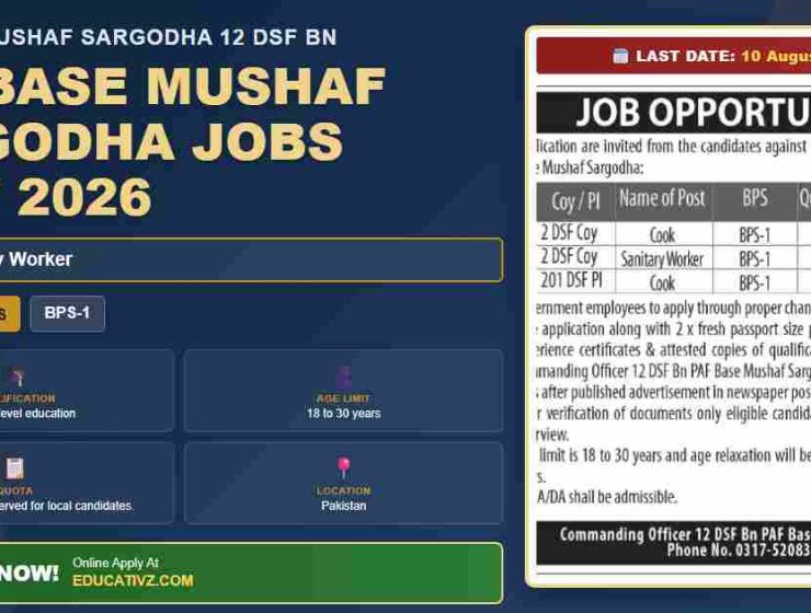 PAF Base Mushaf Sargodha 12 DSF Bn Cooks Jobs 2026 - Official Recruitment Advertisement