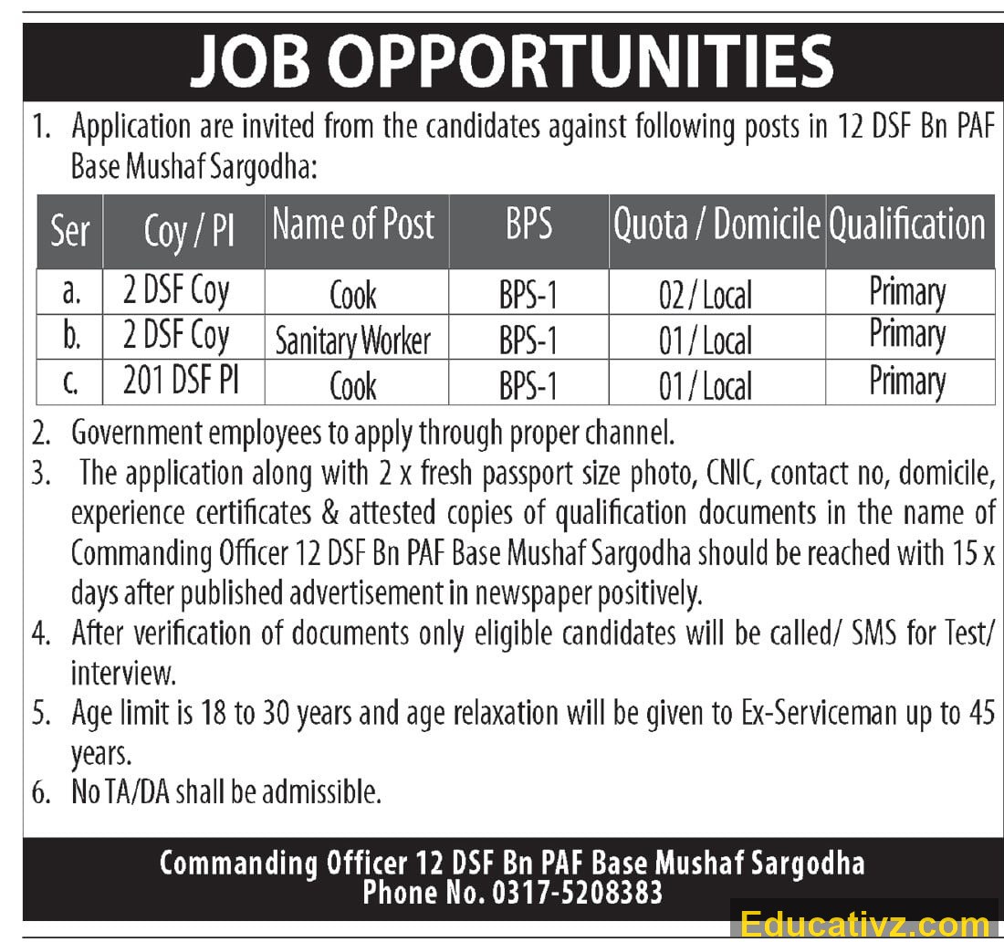 PAF Base Mushaf Sargodha 12 DSF Bn Jobs | Cook, Sanitary Worker - Official Advertisement