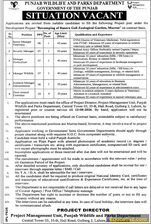 Punjab Wildlife and Parks Department, Government of the Punjab Jobs | Senior Manager Veterinary, Security Manager, Manager Horticulture & Others - Official Advertisement