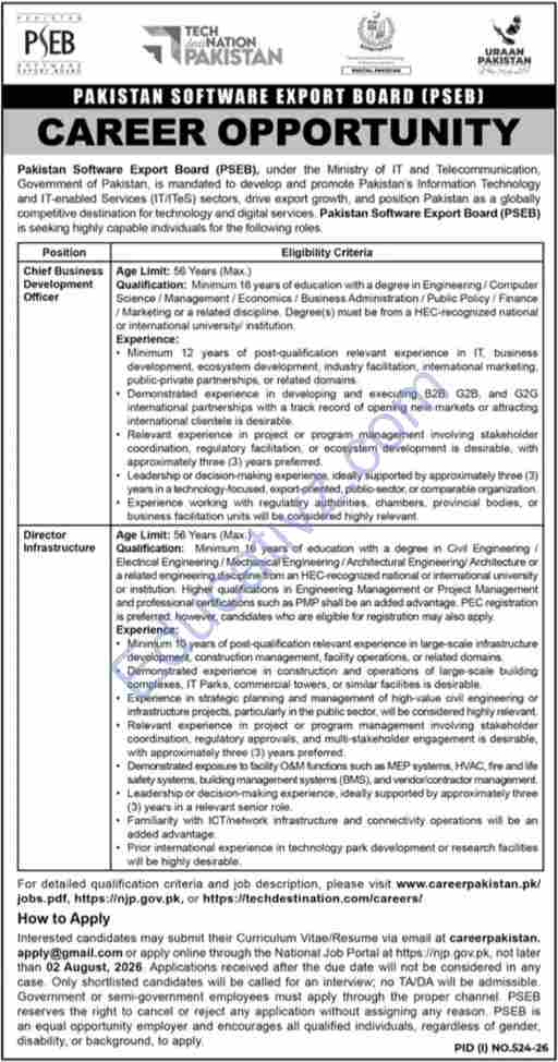 Pakistan Software Export Board PSEB Jobs | Director Infrastructure, Chief Business Development Officer - Official Advertisement