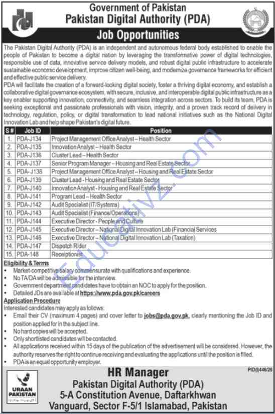 Pakistan Digital Authority PDA Jobs | Innovation Analyst, Project Management Office Analyst, Executive Director & Others - Official Advertisement