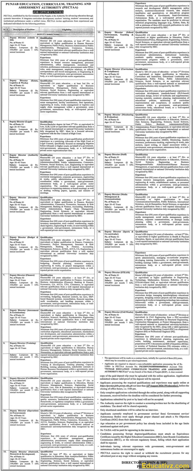 Punjab Education Curriculum Training and Assessment Authority (PECTAA) Jobs | DIRECTOR (ADMN & HR), multiple categories - Official Advertisement