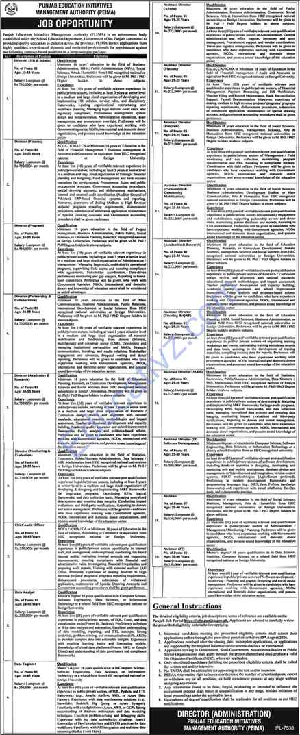 Punjab Education Initiative Management Authority PEIMA Jobs | Director Hr Admin, Assistant Director Me, Director Academics Research & Others - Official Advertisement
