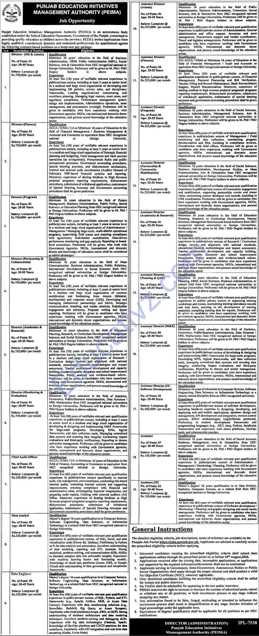 Punjab Education Initiative Management Authority PEIMA Jobs | Director, Hr Admin, Finance & Others - Official Advertisement