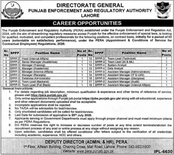 Punjab Enforcement and Regulatory Authority PERA Jobs July 2026 - Management & IT Vacancies Advertisement