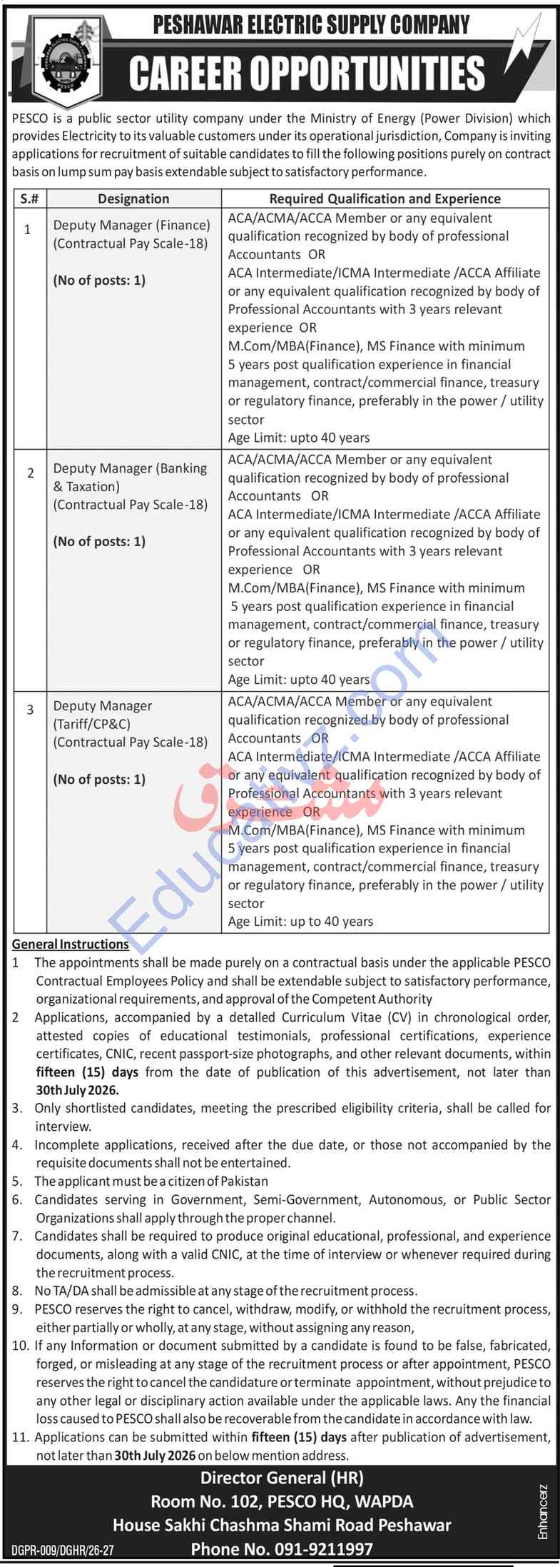 Peshawar Electric Supply Company PESCO Jobs  | deputy manager, deputy manager finance, deputy manager legal contracts - Official Advertisement