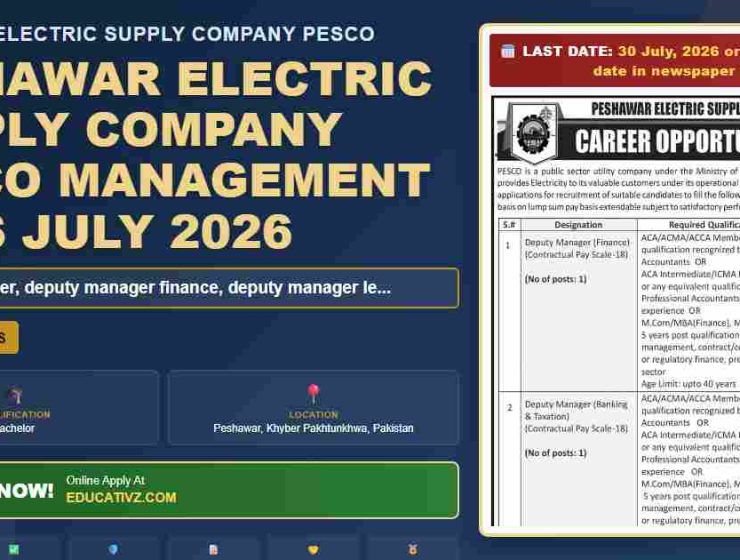 Peshawar Electric Supply Company PESCO Jobs July 2026 - Deputy Organization Job Ad