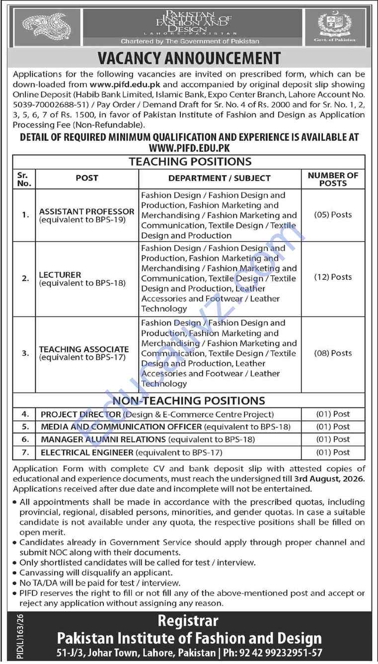 Pakistan Institute of Fashion and Design PIFD Jobs | Lecturer, Assistant Professor, Project Director & Others - Official Advertisement