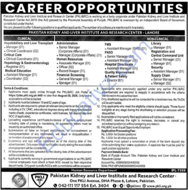 Pakistan Kidney And Liver Institute And Research Centre PKLI Jobs | Director, Officer, Assistant Manager & Others - Official Advertisement