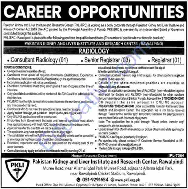 Pakistan Kidney And Liver Institute And Research Centre PKLI Jobs  | consultant radiology, registrar - Official Advertisement