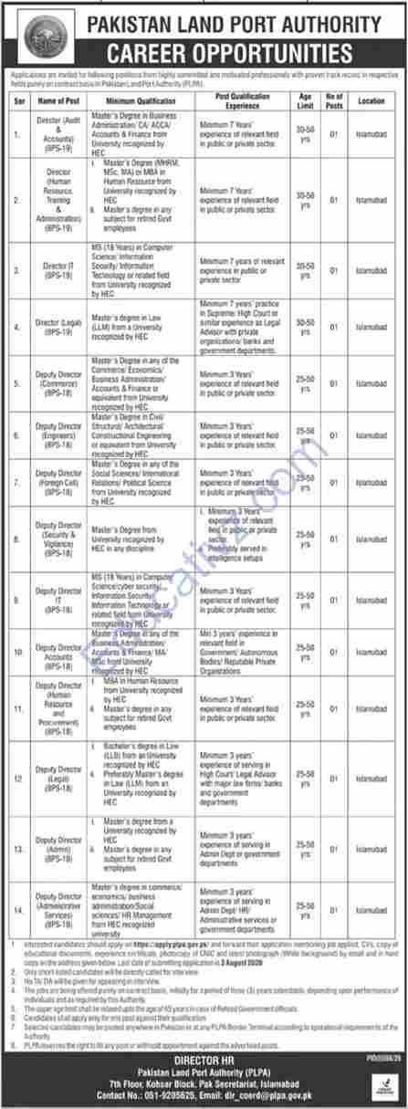 Pakistan Land Port Authority PLPA Jobs | Director Audit Accounts, Director Human Resource Training Administration, Director IT & Others - Official Advertisement