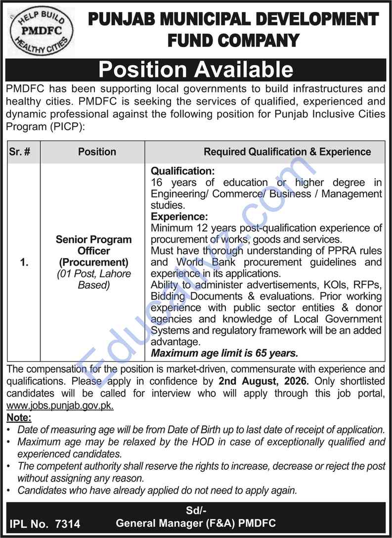 Punjab Municipal Development Fund Company PMDFC Jobs July 2026 | Senior Program Officer, Program Officer, Program Officer Procurement - Official Advertisement