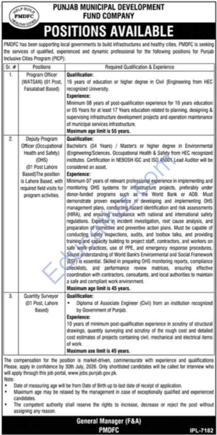 Punjab Municipal Development Fund Company PMDFC Jobs July 2026 | Deputy Program Officer, Program Officer, Quantity Surveyor - Official Advertisement