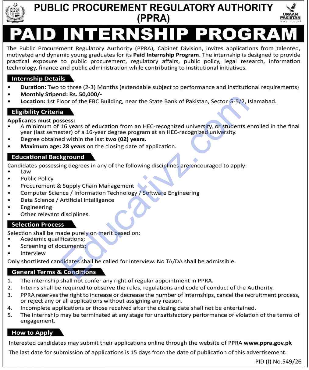 Public Procurement Regulatory Authority PPRA Jobs July 2026 | Internship Program - Official Advertisement
