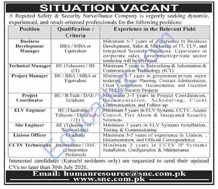 Private Company Jobs July 2026 | Project Manager, Site Engineer, CCTV Technician & Others - Official Advertisement