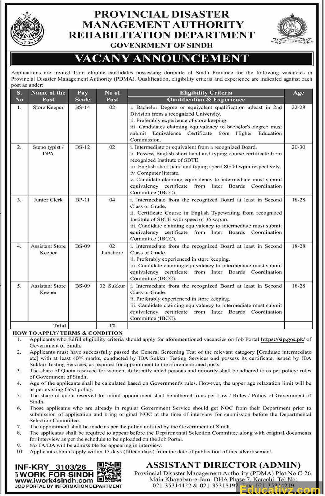 Provincial Disaster Management Authority, Government of Sindh Jobs | Store Keeper, Steno typist / Junior Clerk, Assistant Store Keeper Jamshoro & Others - Official Advertisement