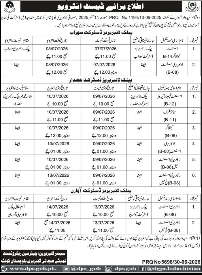 Provincial Library Balochistan Quetta Jobs July 2026 Official Advertisement