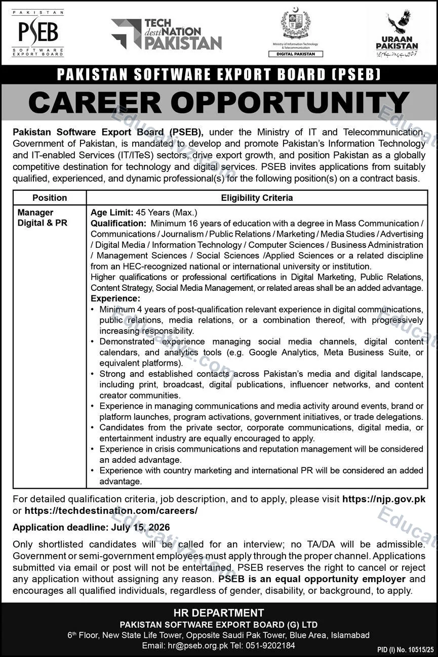 Pakistan Software Export Board PSEB Islamabad Jobs July 2026 - Manager Digital & PR official advertisement