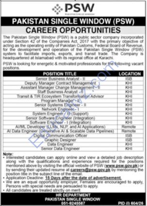 Pakistan Single Window PSW Jobs | transit tir ecosystem transformation advisor, program manager, system engineer ii & Others - Official Advertisement