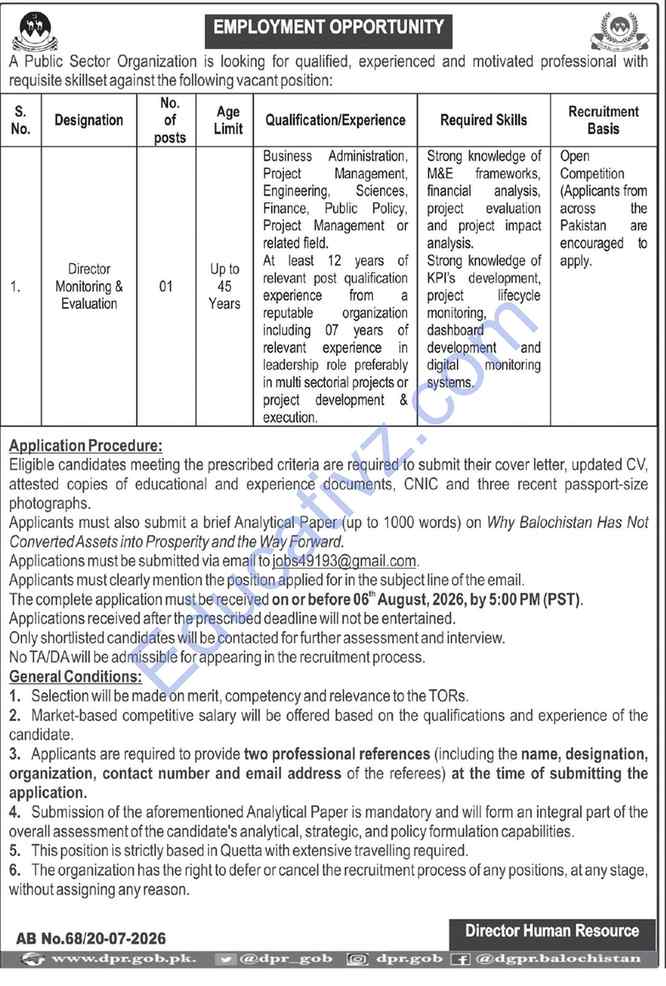Public Sector Organization Jobs July 2026 | Director Monitoring Evaluation - Official Advertisement