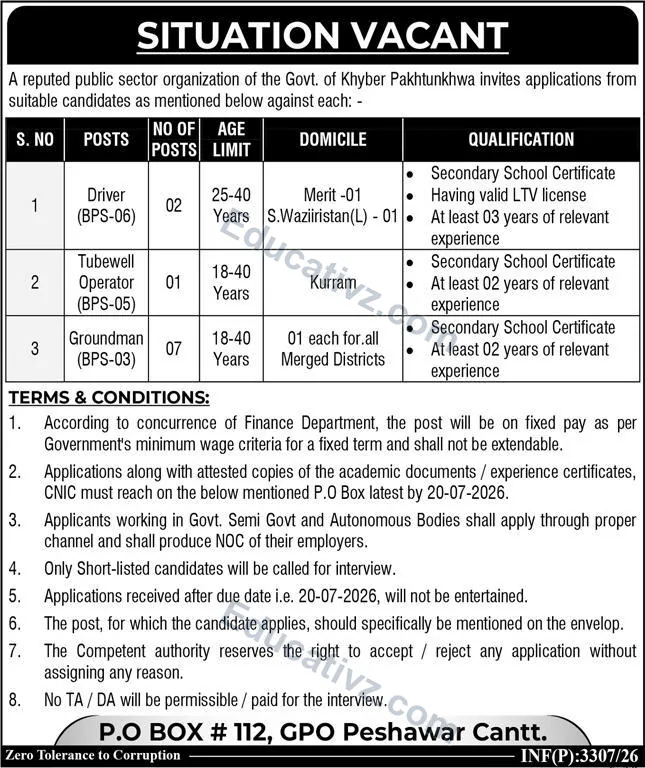 Public Sector Organization Peshawar Jobs July 2026 - Driver, LTV Driver, Tubewell Operator & Groundman official advertisement