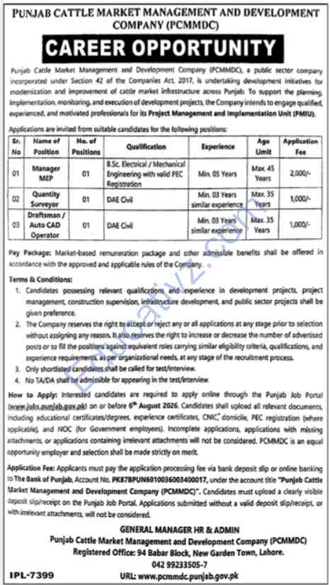 Punjab Cattle Market Management & Development Company Jobs July 2026 | Manager MEP, Quantity Surveyor, Draftsman - Official Advertisement