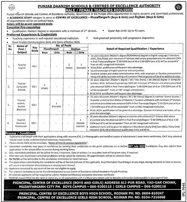 Punjab Daanish Schools Jobs 2026 Official Advertisement for English Computer Science Islamiat and Montessori Teachers
