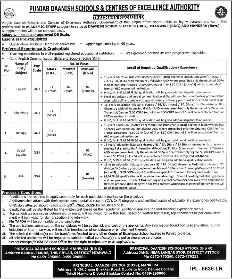 Punjab Daanish Schools Mianwali Jobs July 2026 - Teaching Staff Vacancies Advertisement