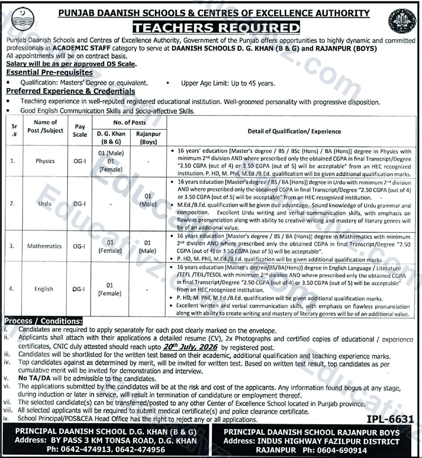 Punjab Daanish Schools Rajanpur Jobs July 2026 Advertisement