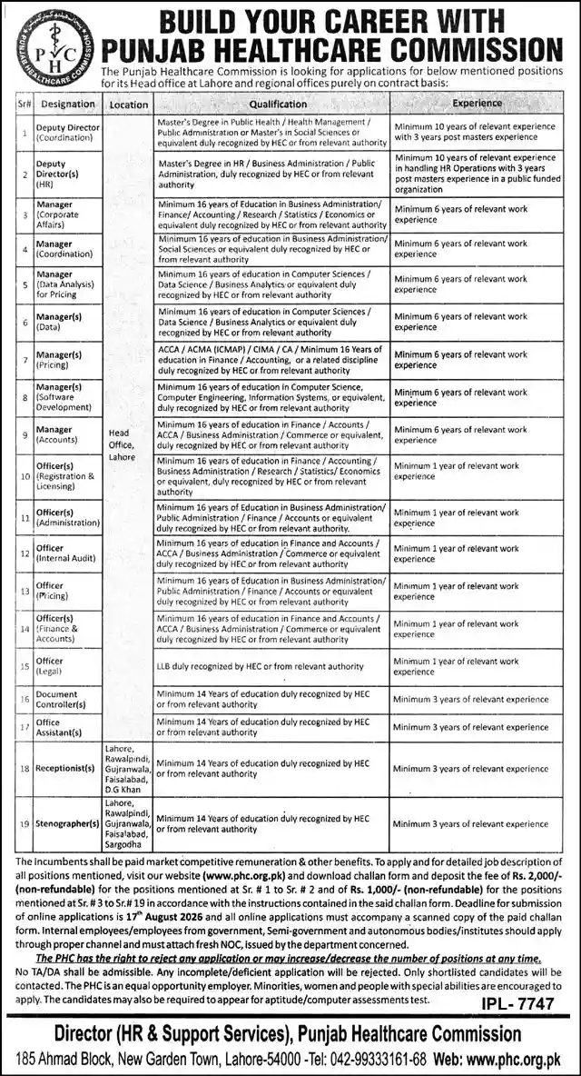 Punjab Healthcare Commission PHC Jobs August 2026 Advertisement — The Nation 29 July 2026