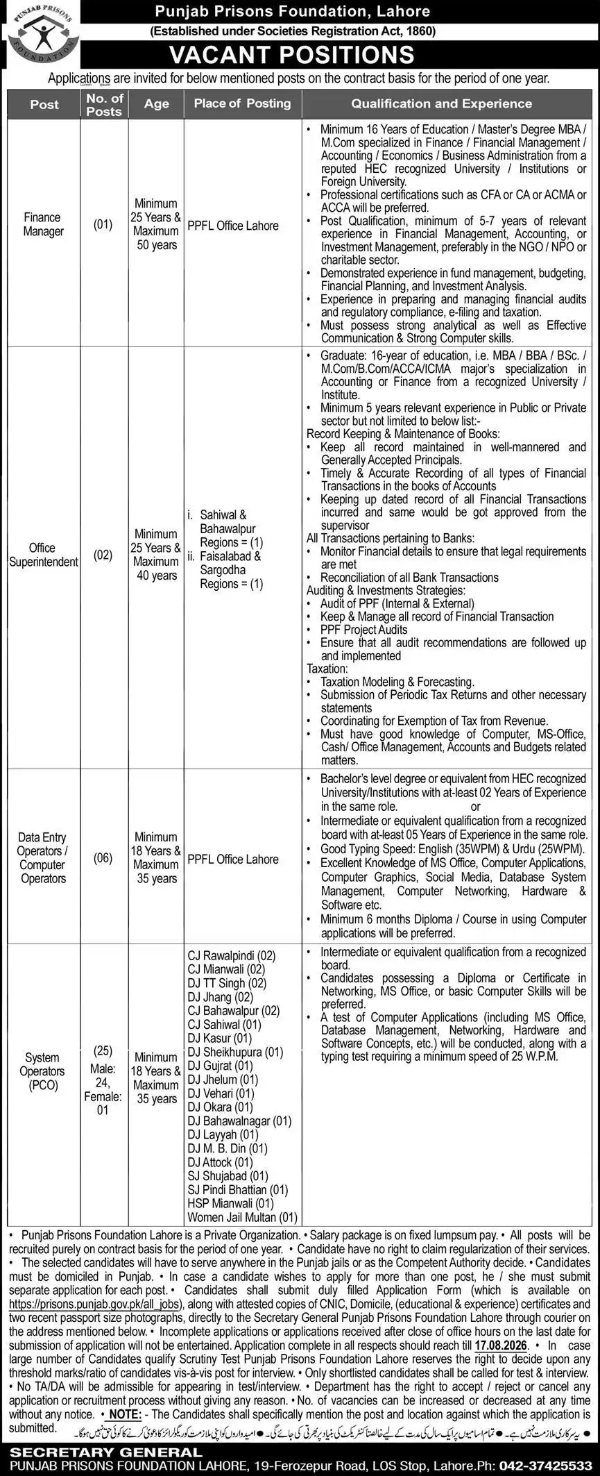 Punjab Prisons Foundation Lahore Jobs 2026 Advertisement — Daily Express 29 July 2026