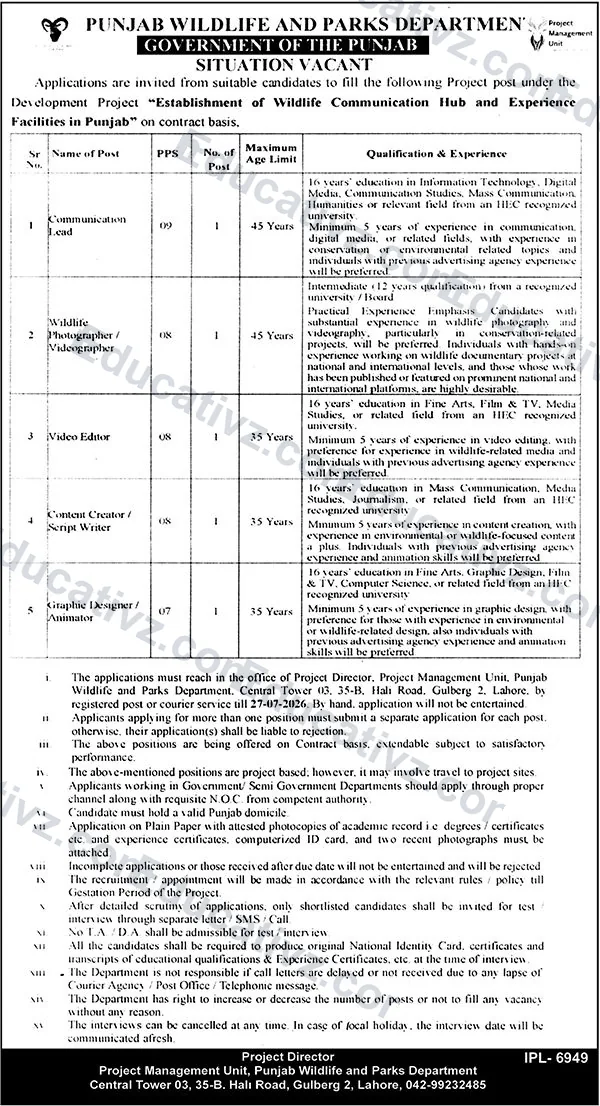 Punjab Wildlife Parks Lahore Jobs July 2026 official advertisement
