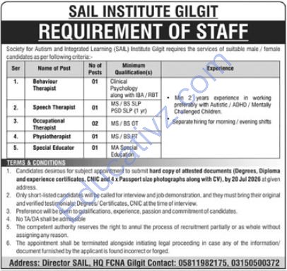 Society for Autism and Integrated Learning SAIL Jobs | Physiotherapist, Speech Therapist, Occupational Therapist & Others - Official Advertisement