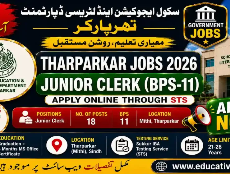 School Education & Literacy Department Tharparkar Jobs 2026 for Junior Clerk BPS-11 at Mithi