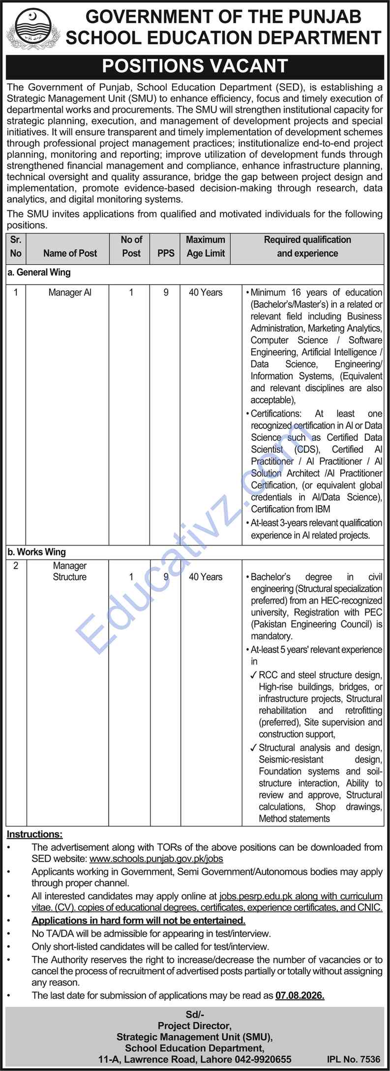 School Education Department Jobs | Manager Ai, Manager Structure - Official Advertisement