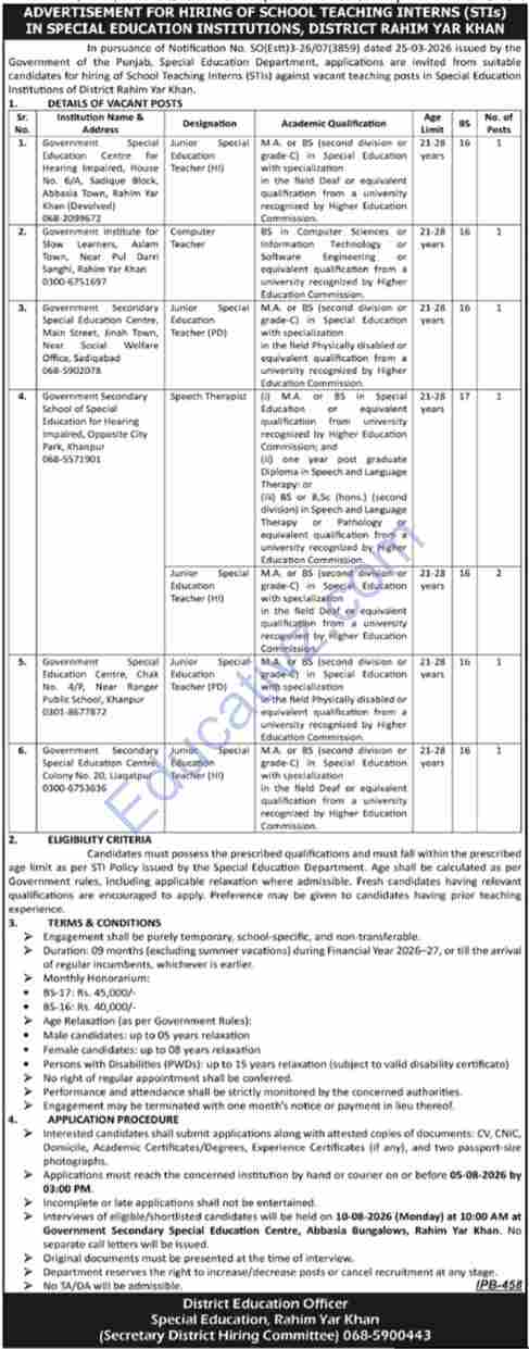 Special Education Institution SEI Jobs | Teaching Intern - Official Advertisement