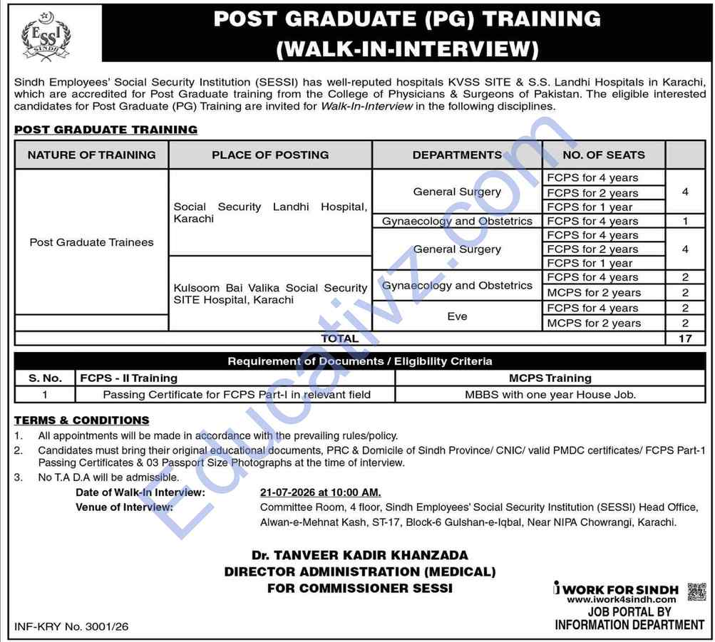 Sindh Employees Social Security Institution SESSI Jobs  | Post Graduate Trainee, Fcps Training Program, Mcps Training Program - Official Advertisement