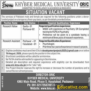 KHYBER MEDICAL UNIVERSITY Jobs July 2026 | Research Assistant - Official Advertisement
