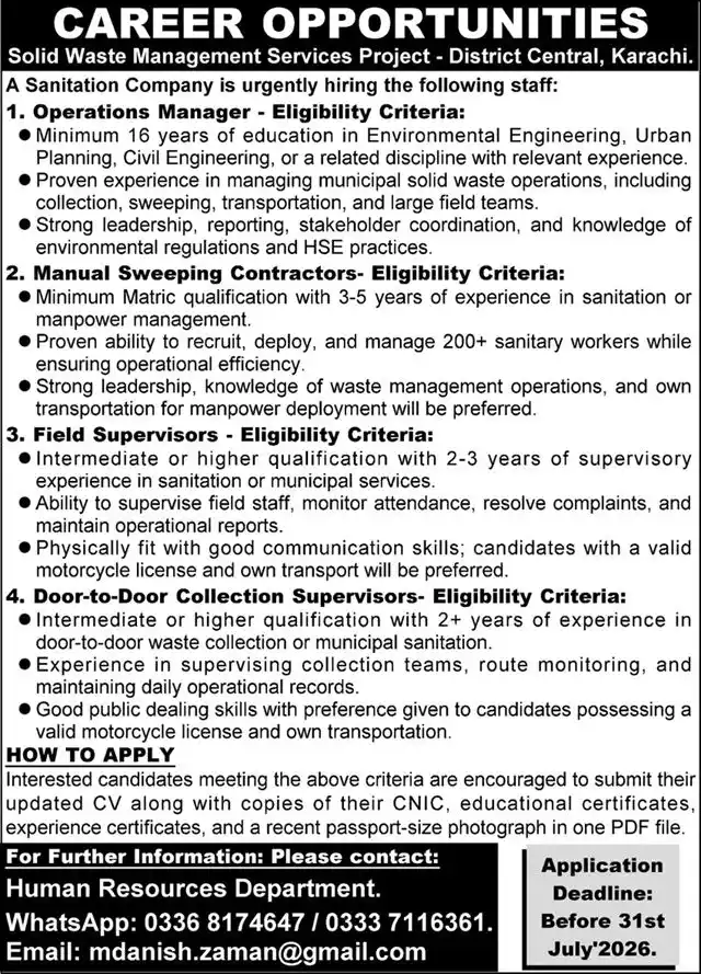 Solid Waste Management Services Jobs 2026 Advertisement — Karachi The Nation 28 July 2026