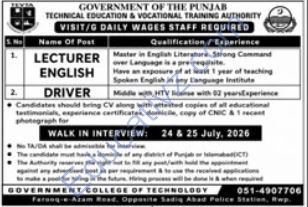 Technical Education & Vocational Training Authority TEVTA Jobs July 2026 | Lecturer English, Driver - Official Advertisement